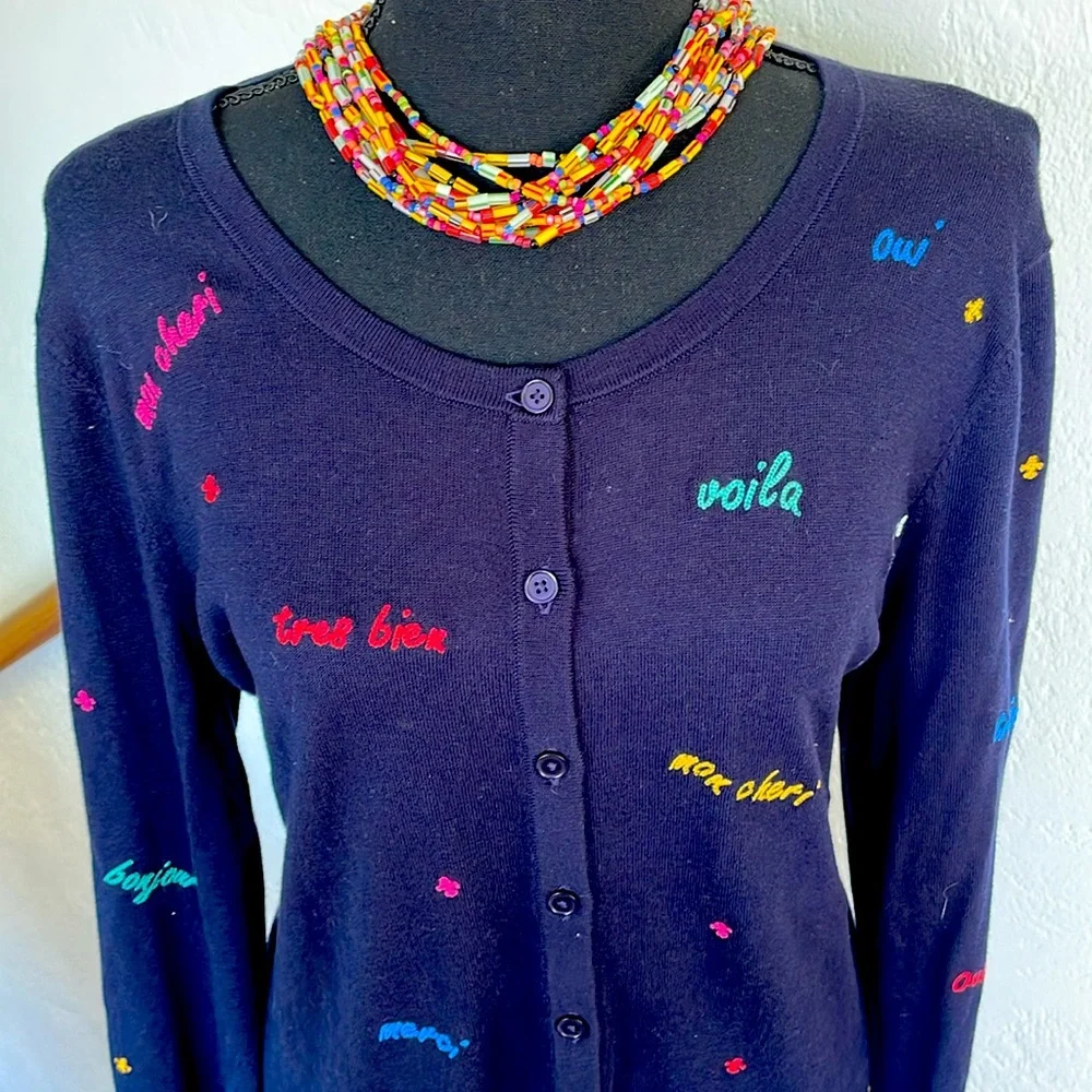 Talbots NWOT Deep Navy Blue French Expressions embroidered‎ cardigan size Large - Picture 2 of 8